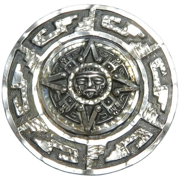 Vintage Sterling Silver Mexico Aztec Mayan Celestial Sun Calendar Pendant Brooch - Picture 1 of 4